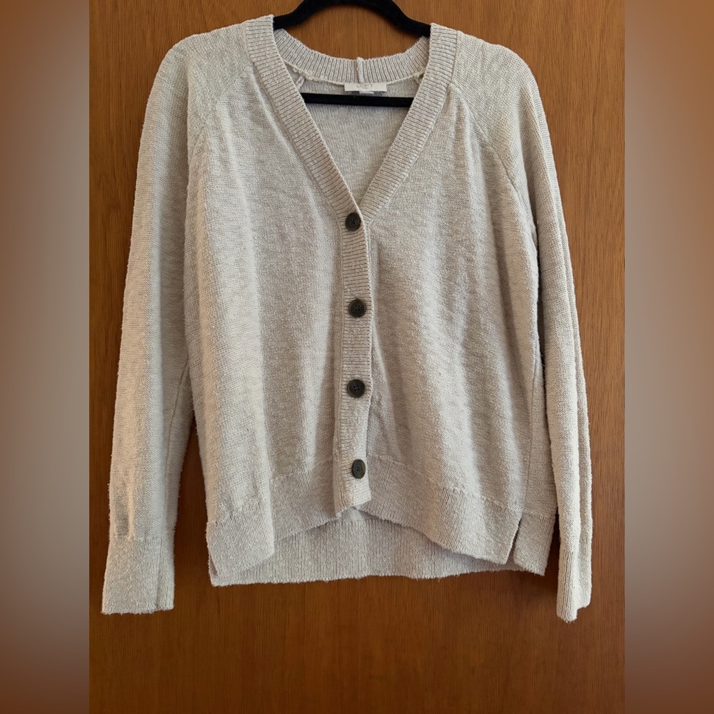 Beige Knit Cardigan Button Front Small Cozy Lightweight Layering Sweater